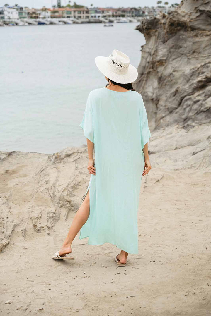 WOMEN'S SHORT SLEEVE V-NECK RUCHED TUNIC MAXI DRESS