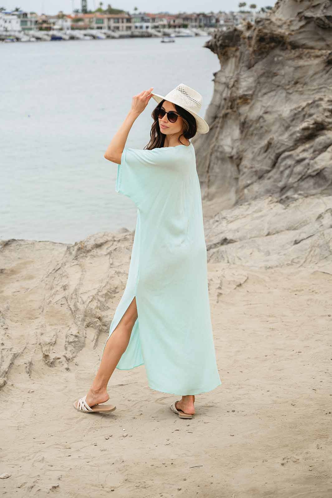 WOMEN'S SHORT SLEEVE V-NECK RUCHED TUNIC MAXI DRESS