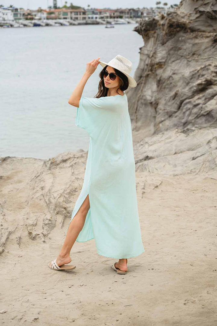 WOMEN'S SHORT SLEEVE V-NECK RUCHED TUNIC MAXI DRESS