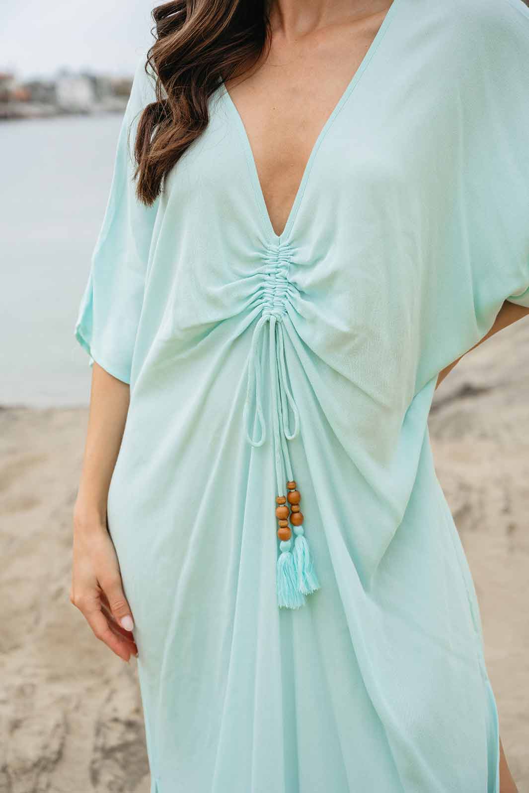 WOMEN'S SHORT SLEEVE V-NECK RUCHED TUNIC MAXI DRESS