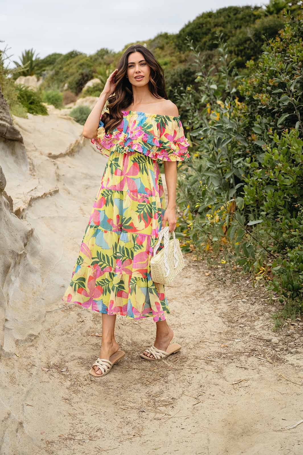 WOMEN'S OFF SHOULDER RUFFLE TIERED FLORAL MAXI DRESS