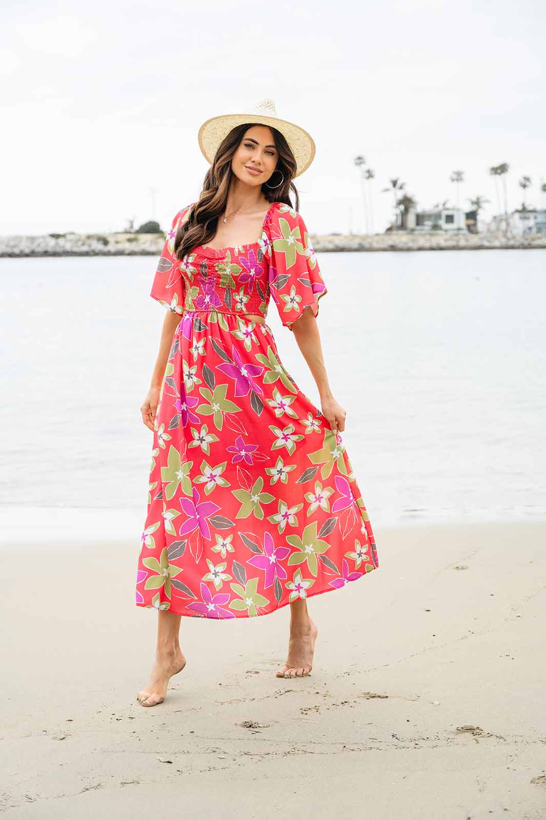 WOMEN'S SHORT SLEEVE SMOCK SIDE CUT OUT FLORAL MAXI DRESS