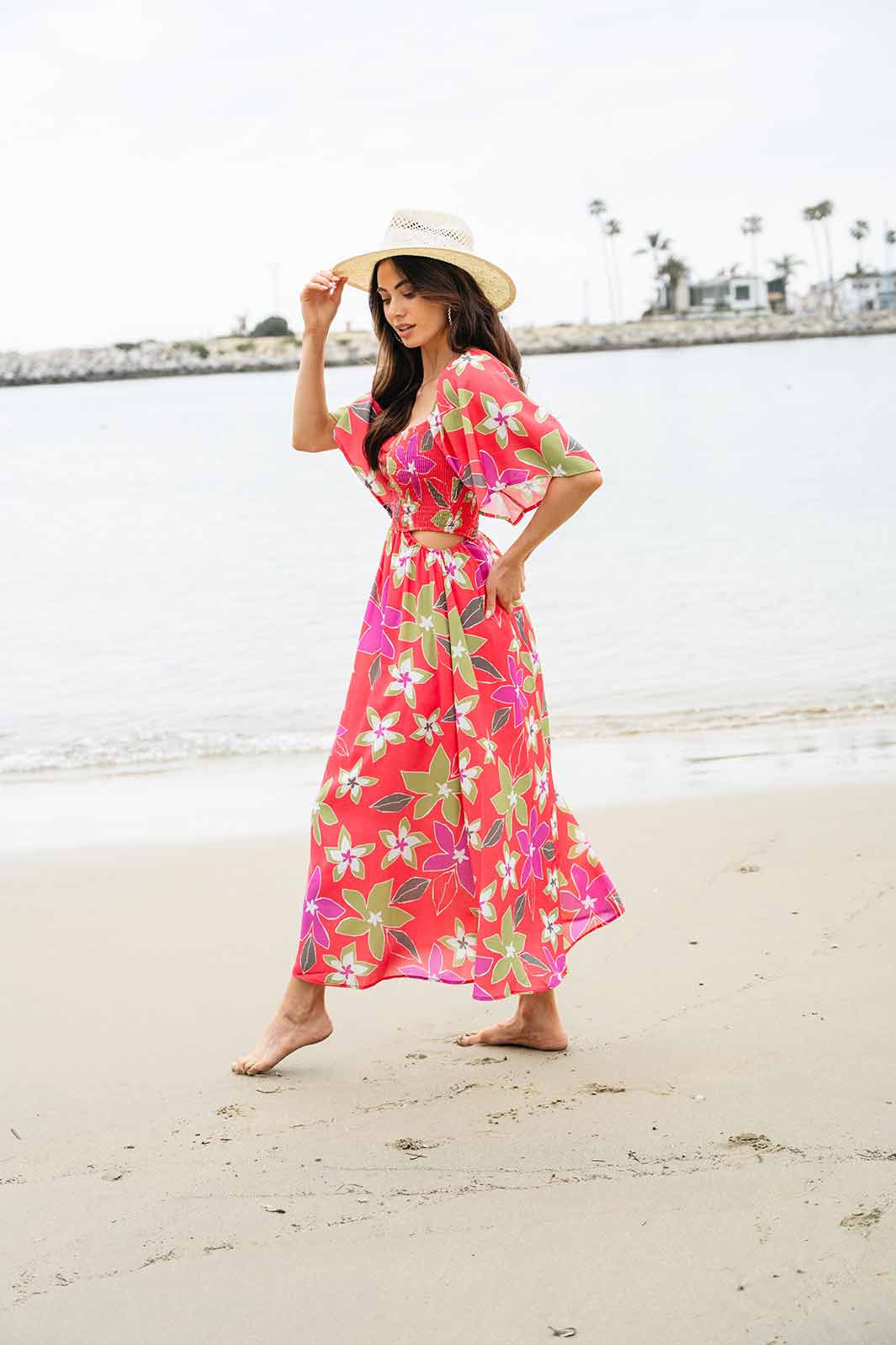 WOMEN'S SHORT SLEEVE SMOCK SIDE CUT OUT FLORAL MAXI DRESS