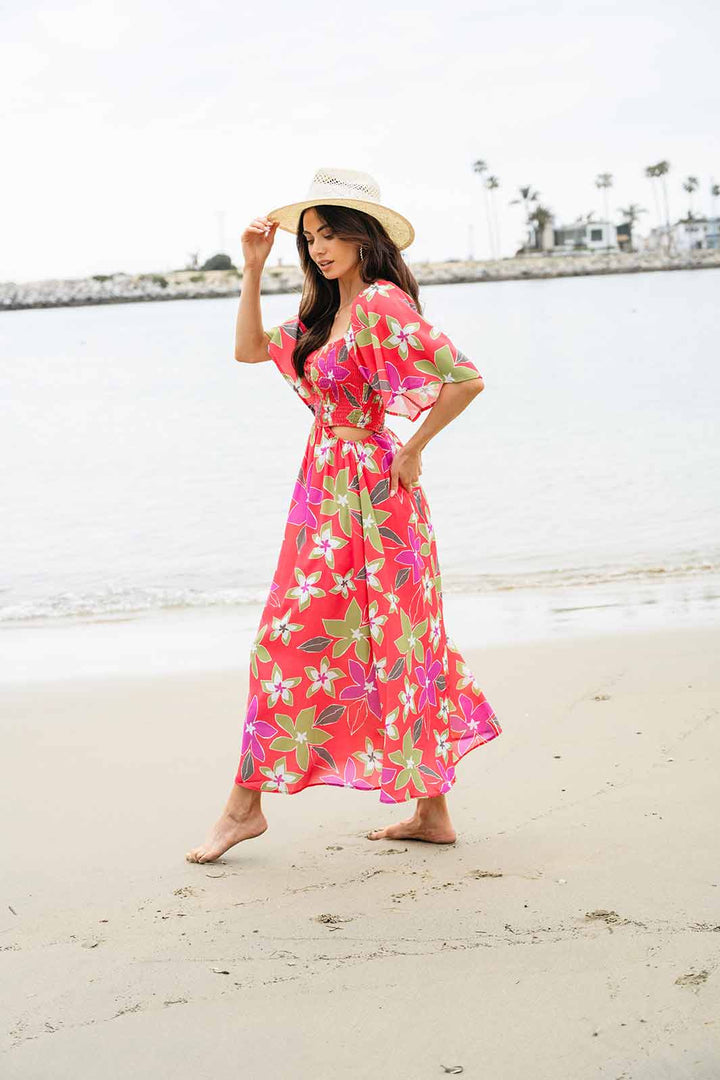 WOMEN'S SHORT SLEEVE SMOCK SIDE CUT OUT FLORAL MAXI DRESS