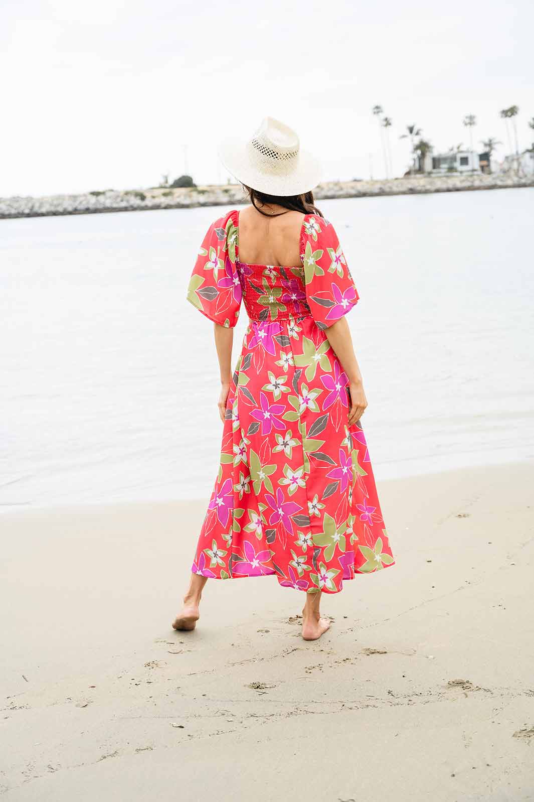 WOMEN'S SHORT SLEEVE SMOCK SIDE CUT OUT FLORAL MAXI DRESS