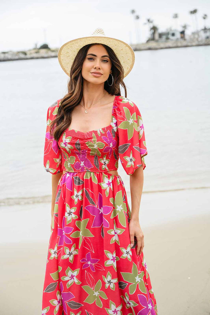 WOMEN'S SHORT SLEEVE SMOCK SIDE CUT OUT FLORAL MAXI DRESS