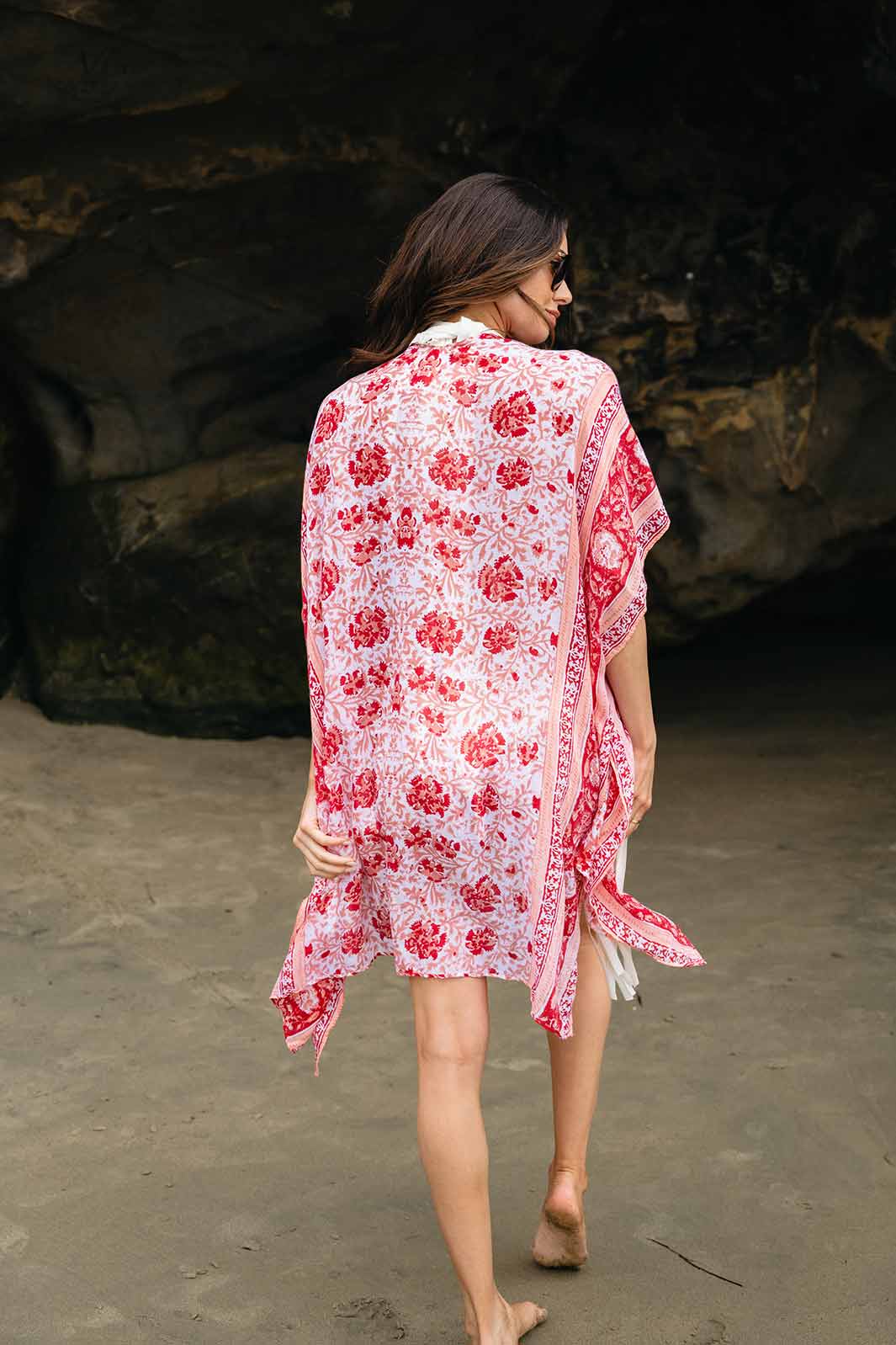 WOMEN'S SHORT SLEEVE OPEN FRONT FLORAL PRINT KIMONO