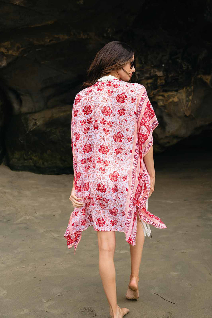 WOMEN'S SHORT SLEEVE OPEN FRONT FLORAL PRINT KIMONO