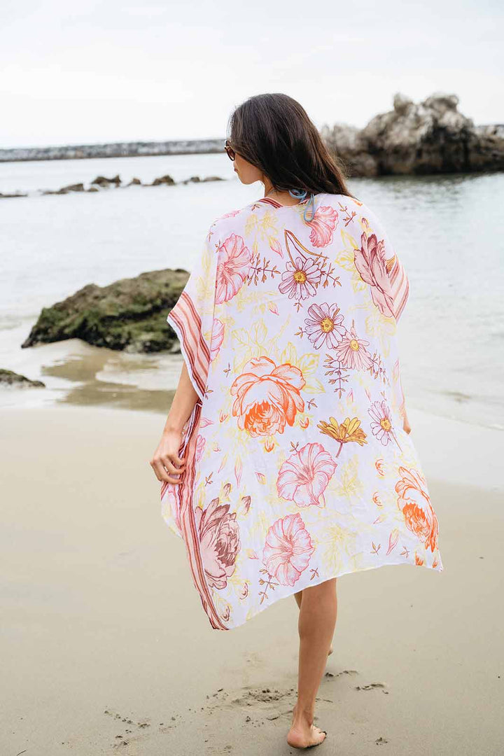 WOMEN'S SHORT SLEEVE OPEN FRONT FLOWERS PRINT KIMONO