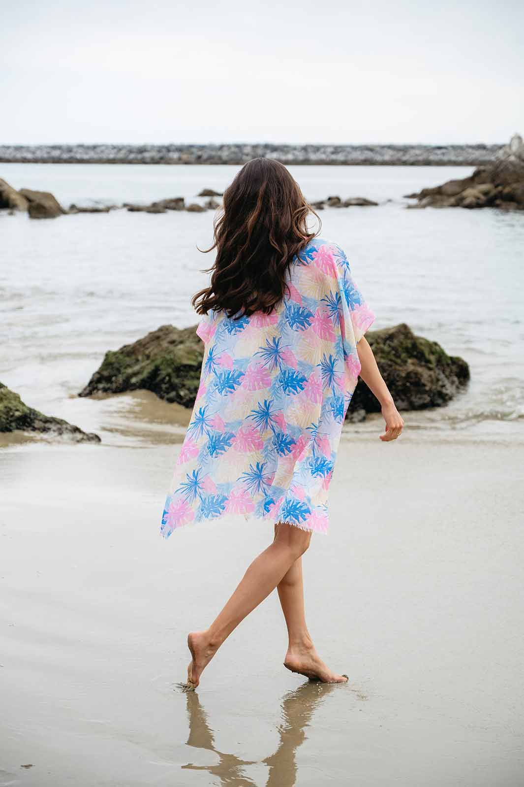 WOMEN'S SHORT SLEEVE OPEN FRONT LEAF PRINT KIMONO