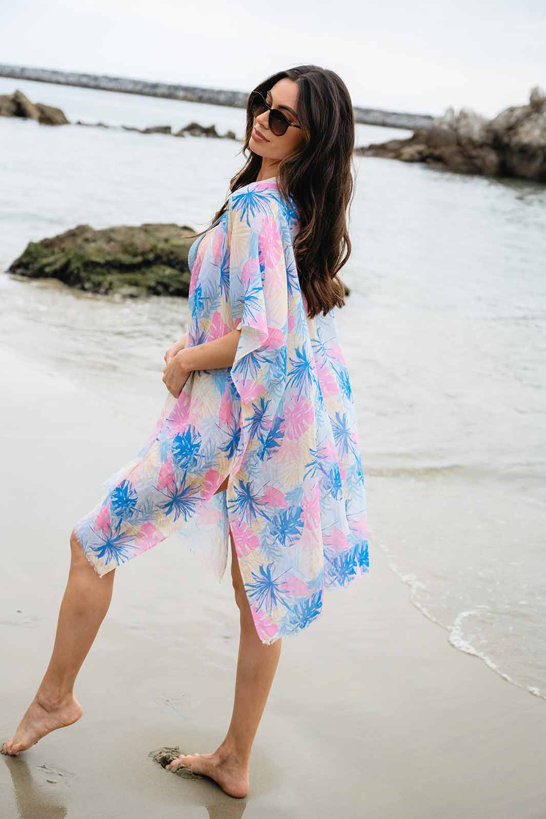 WOMEN'S SHORT SLEEVE OPEN FRONT LEAF PRINT KIMONO
