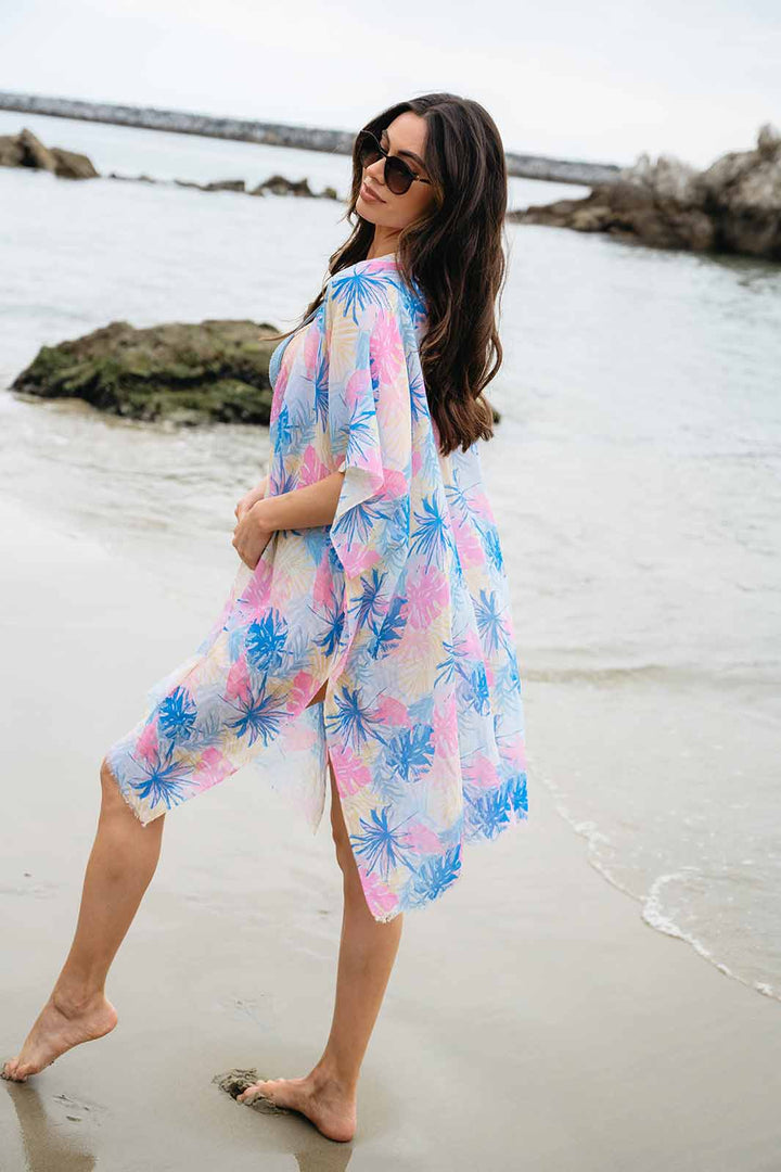 WOMEN'S SHORT SLEEVE OPEN FRONT LEAF PRINT KIMONO