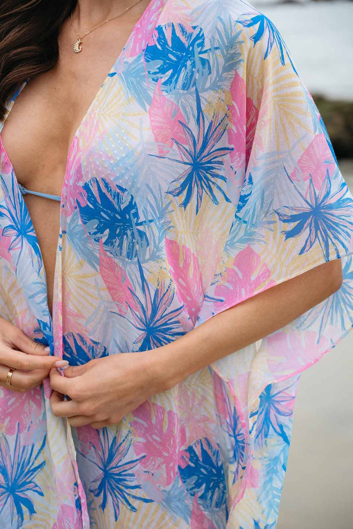 WOMEN'S SHORT SLEEVE OPEN FRONT LEAF PRINT KIMONO