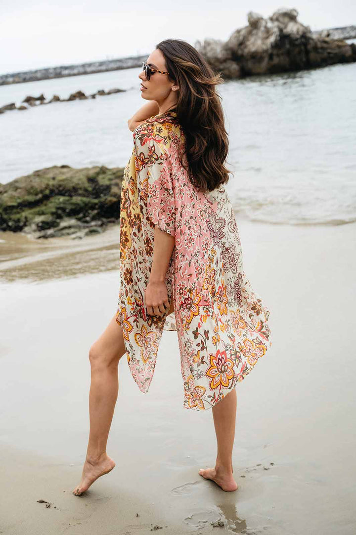 WOMEN'S SHORT SLEEVE OPEN FRONT FLOWERS PRINT KIMONO