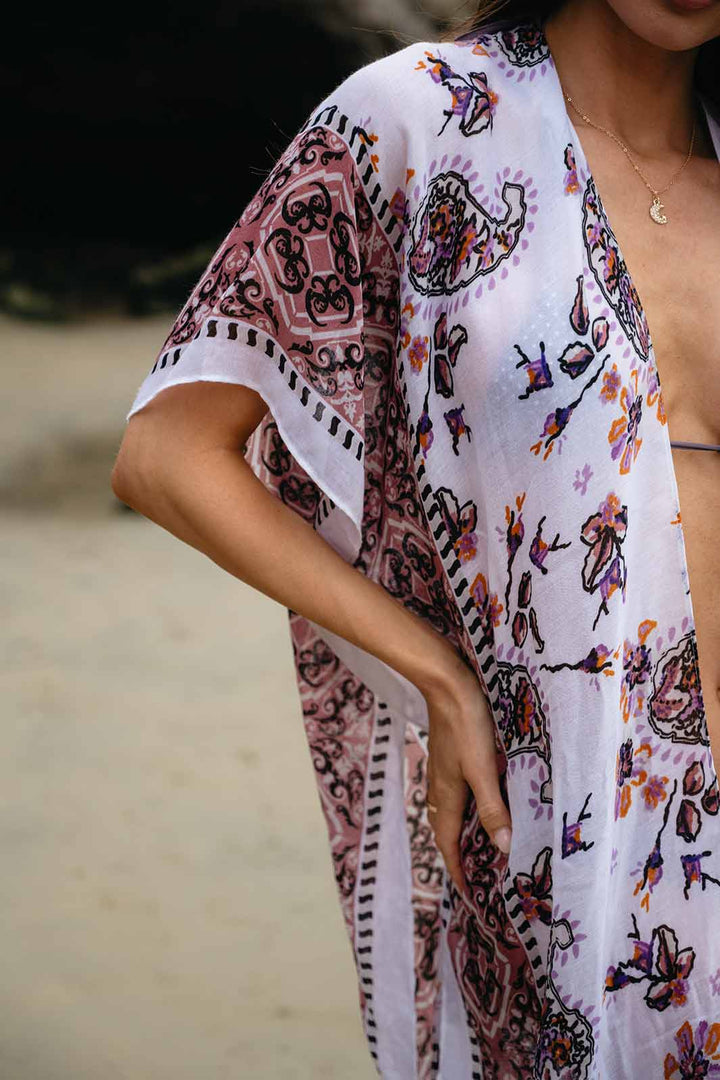 WOMEN'S SHORT SLEEVE OPEN FRONT PAISLEY PRINT KIMONO