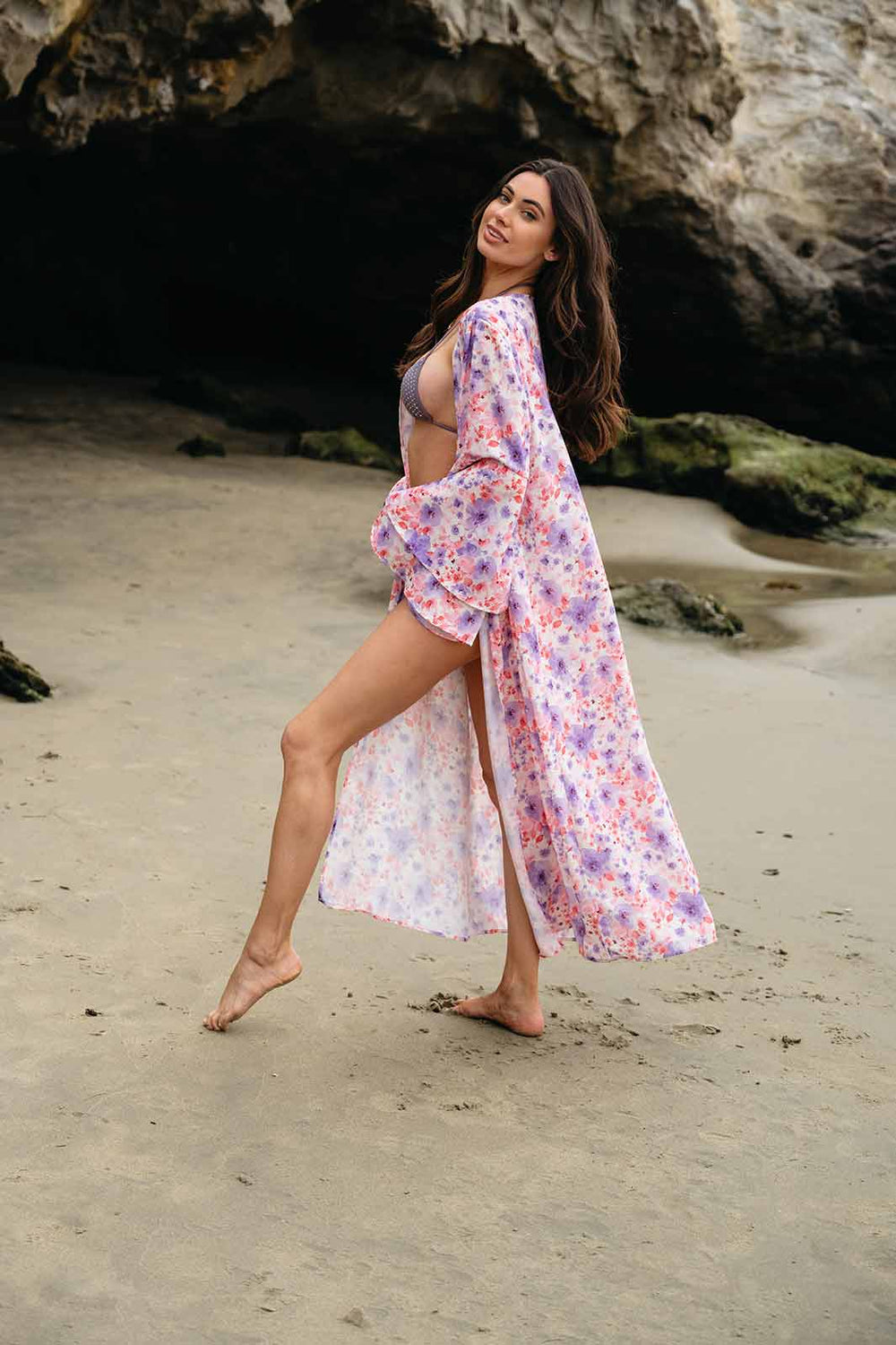 WOMEN'S LONG BELL RUFFLE SLEEVE OPEN FRONT FLORAL KIMONO