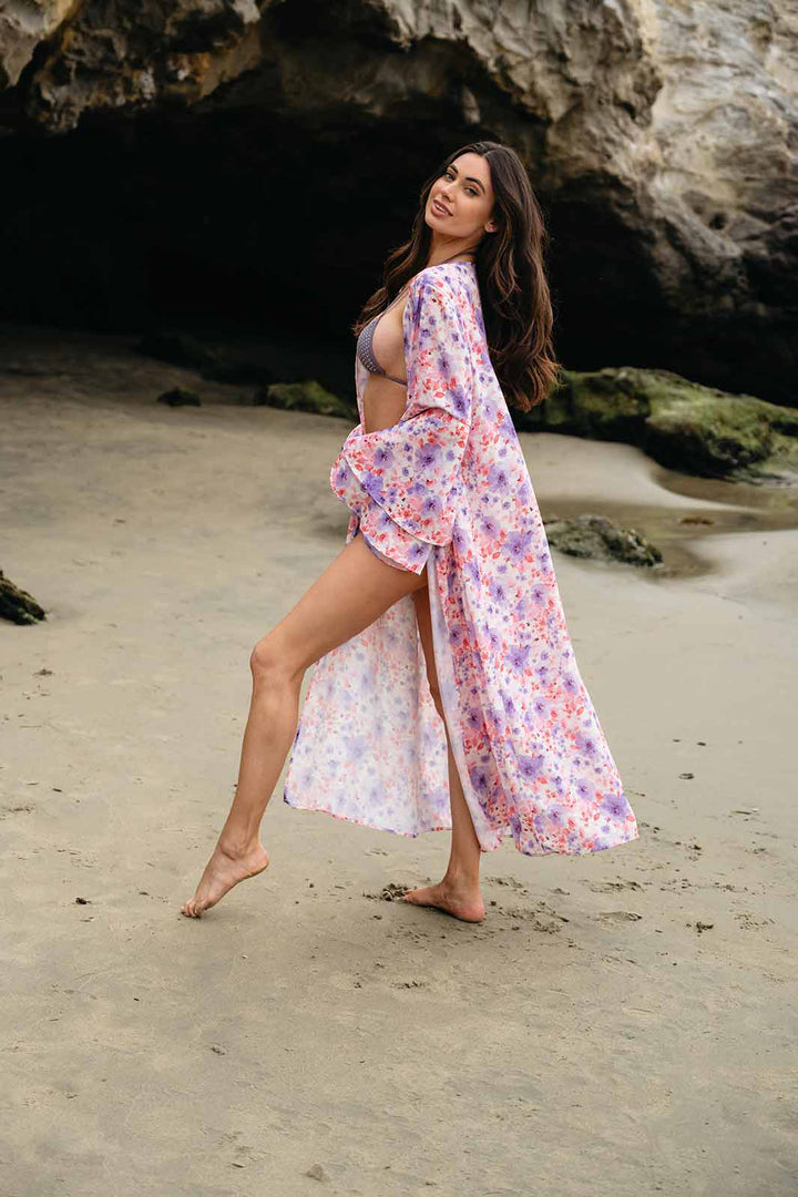 WOMEN'S LONG BELL RUFFLE SLEEVE OPEN FRONT FLORAL KIMONO