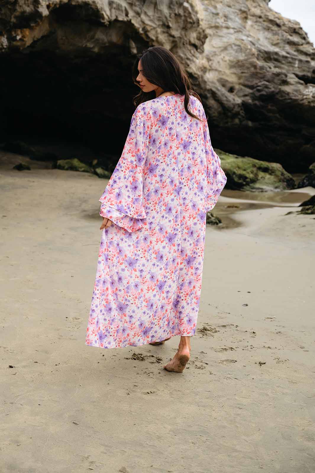 WOMEN'S LONG BELL RUFFLE SLEEVE OPEN FRONT FLORAL KIMONO