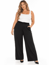 PLUS SIZE BUTTON CLOSURE CROCHET WAIST FRONT POCKETS WIDE LEG PANTS