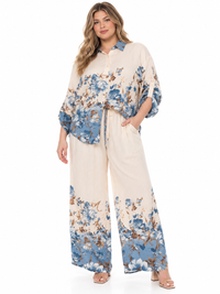 PLUS SIZE 3/4 SLEEVE BUTTON UP BLOUSE & ELASTIC WAIST WIDE LEG PANTS FLORAL 2PC. SET