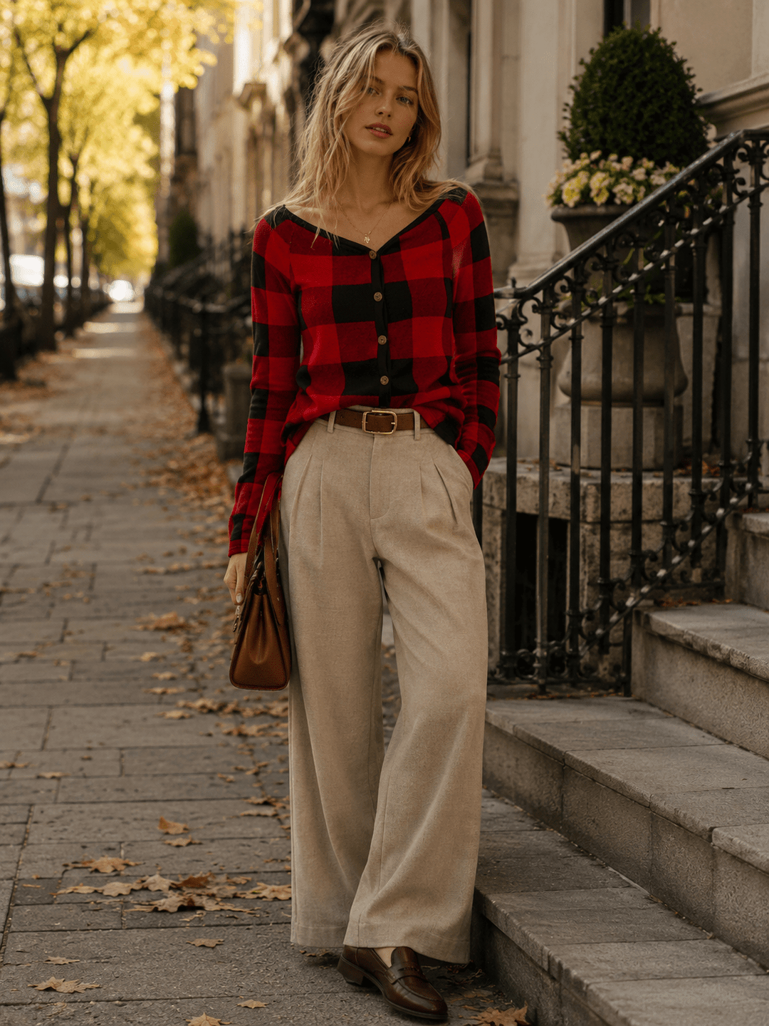 WOMEN'S LONG SLEEVE V-NECK BUTTON DETAILED PLAID TOP