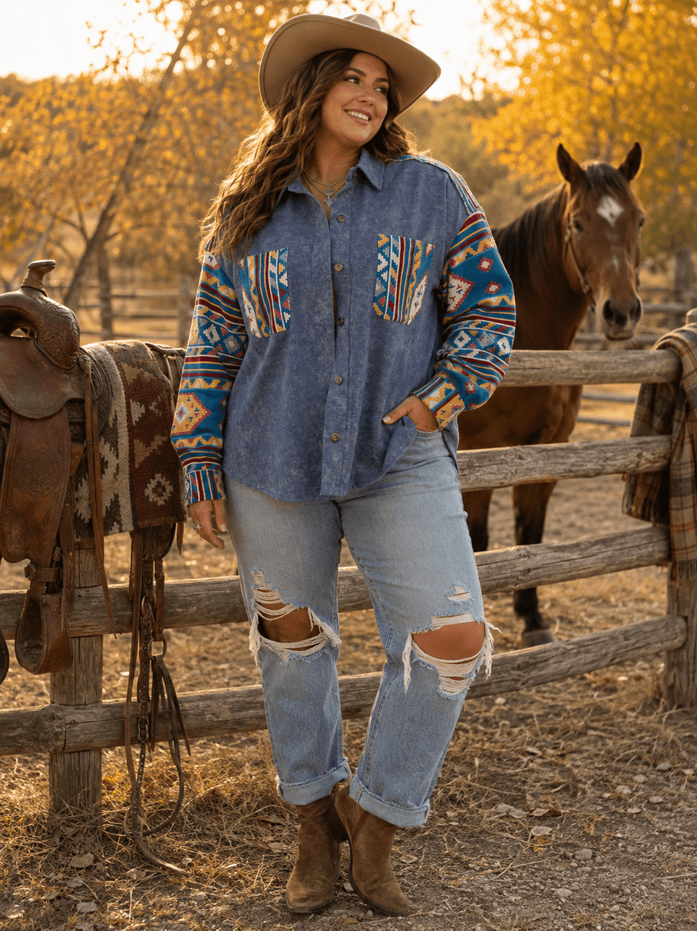 PLUS SIZE LONG SLEEVE BUTTON CLOSURE FRONT POCKETS PRINT DENIM JACKET