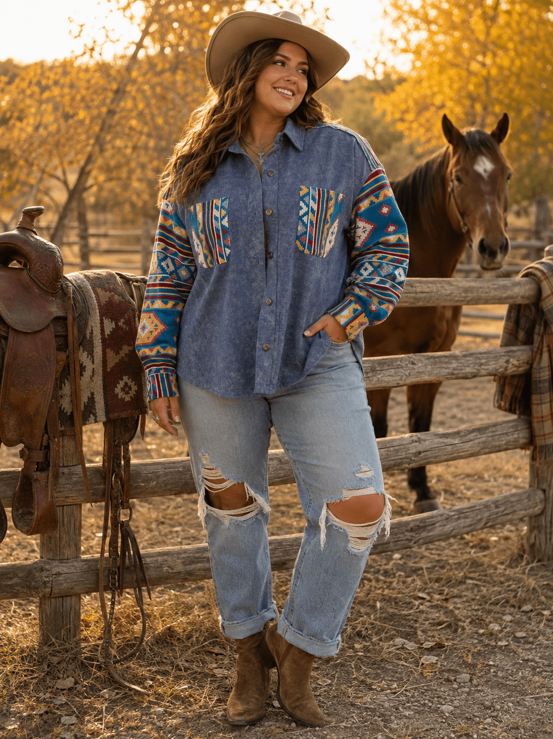 PLUS SIZE LONG SLEEVE BUTTON CLOSURE FRONT POCKETS PRINT DENIM JACKET