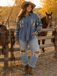 PLUS SIZE LONG SLEEVE BUTTON CLOSURE FRONT POCKETS PRINT DENIM JACKET