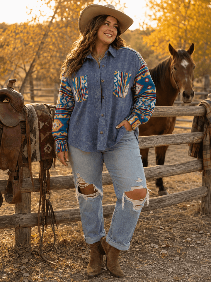 PLUS SIZE LONG SLEEVE BUTTON CLOSURE FRONT POCKETS PRINT DENIM JACKET