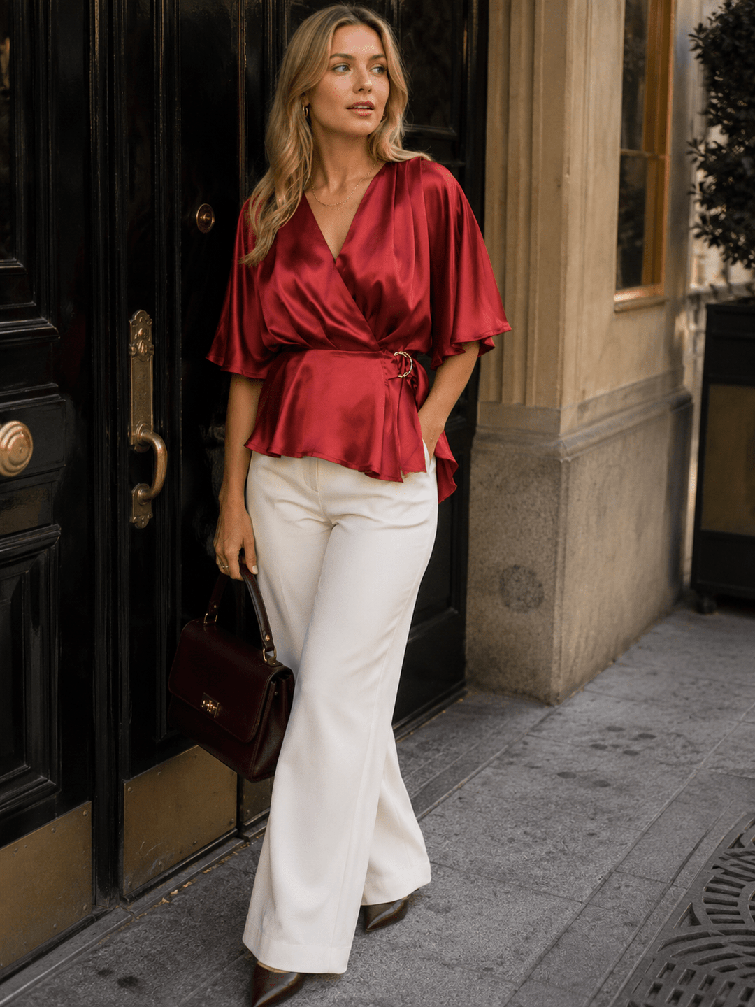 WOMEN'S SHORT SLEEVE SELF TIE WRAP BLOUSE