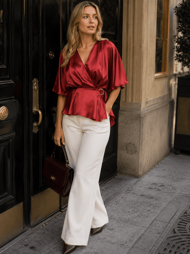 WOMEN'S SHORT SLEEVE SELF TIE WRAP BLOUSE