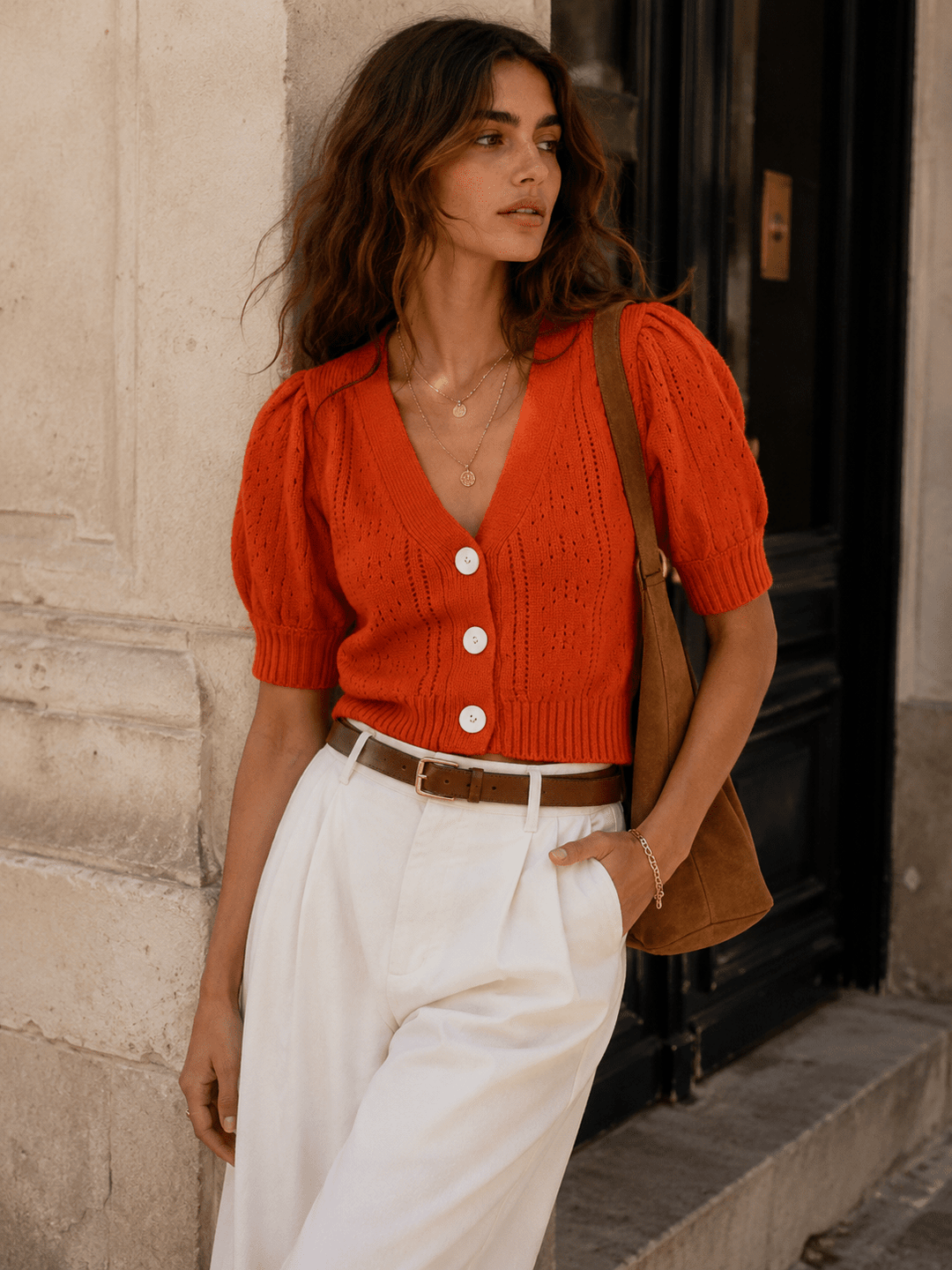 WOMEN'S SHORT SLEEVE BUTTON UP V-NECK CROCHET SWEATER TOP