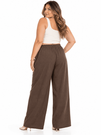 PLUS SIZE BUTTON CLOSURE ELASTIC DETAILED WAIST FRONT POCKETS WIDE LEG PANTS