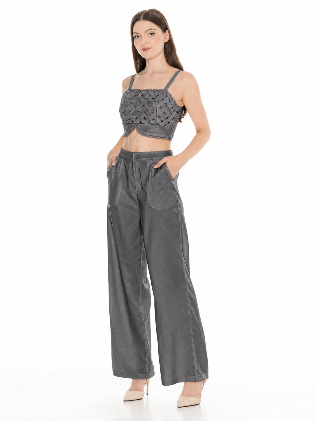 WOMEN'S SLEEVELESS SMOCK CROP TOP & ELASTIC WAIST PANTS DETAILED 2PC. SET
