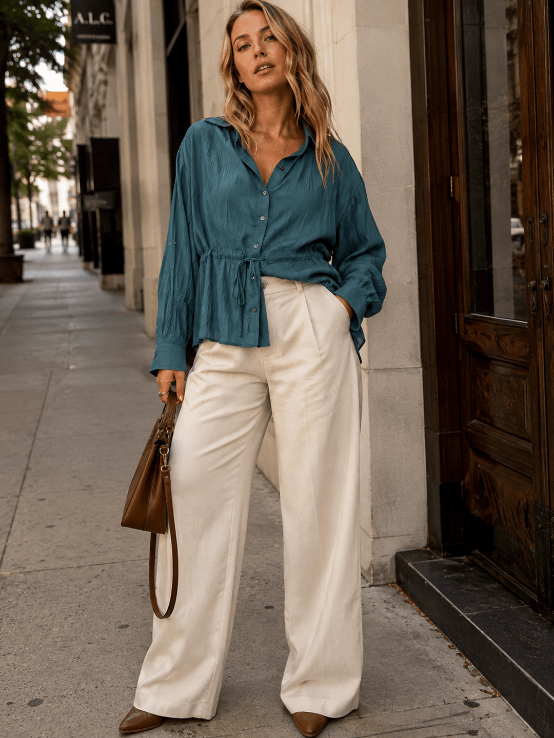 ENTRO WOMEN'S LONG SLEEVE BUTTON UP ADJUSTABLE WAIST BLOUSE