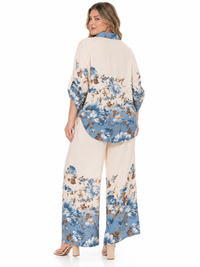 PLUS SIZE 3/4 SLEEVE BUTTON UP BLOUSE & ELASTIC WAIST WIDE LEG PANTS FLORAL 2PC. SET