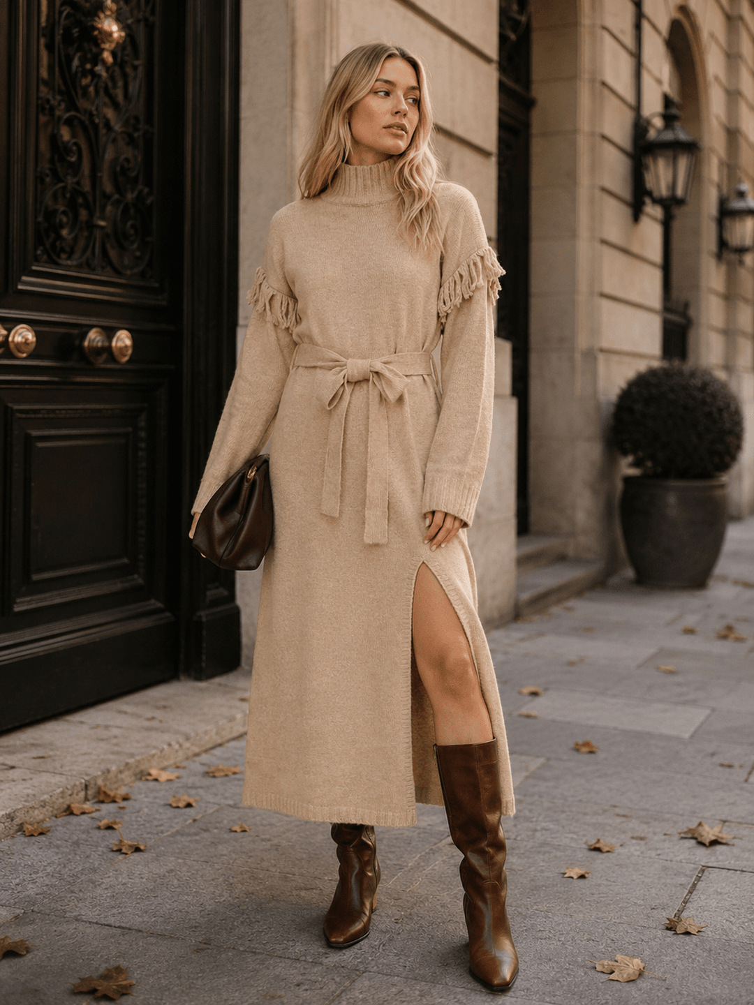 WOMEN'S LONG SLEEVE MOCK NECK SELF TIE FRONT SLIT SWEATER MAXI DRESS