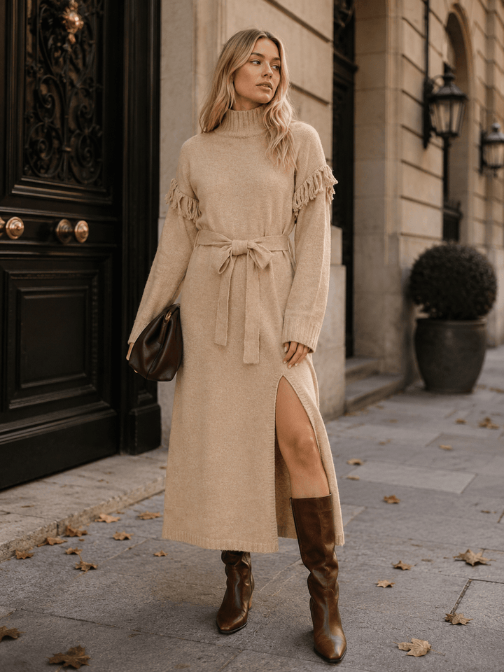 WOMEN'S LONG SLEEVE MOCK NECK SELF TIE FRONT SLIT SWEATER MAXI DRESS