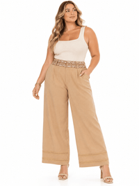 PLUS SIZE BUTTON CLOSURE ELASTIC EMBROIDERY WAIST FRONT POCKETS WIDE LEG PANTS