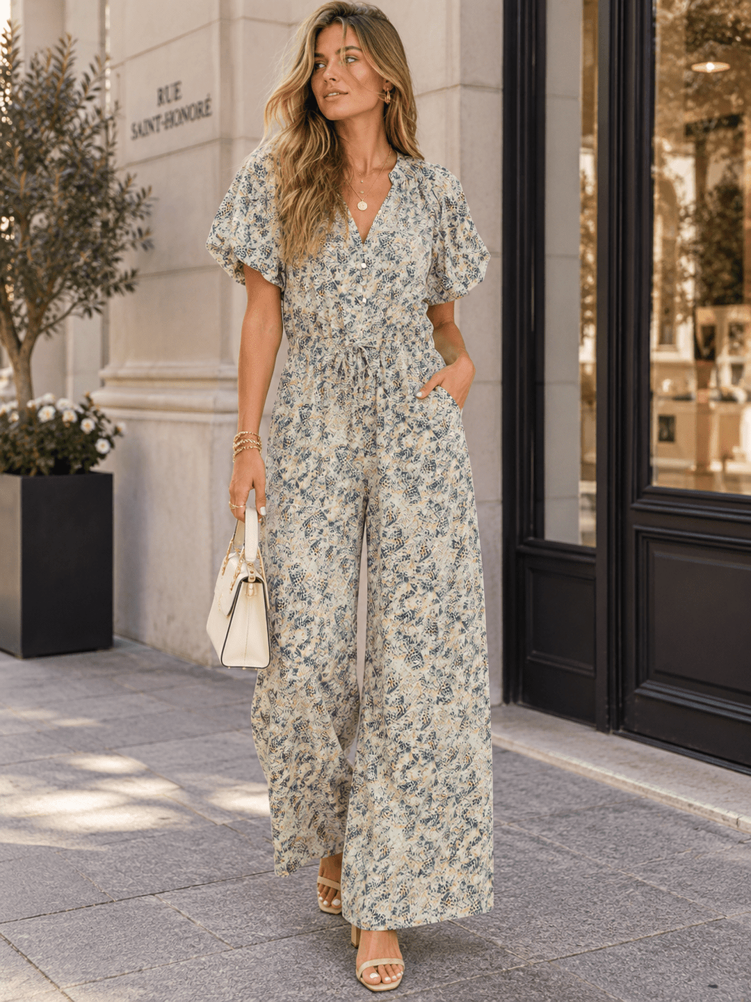ENTRO WOMEN'S SHORT PUFF SLEEVE V-NECK BUTTON UP FRONT POCKETS WIDE LEG MULTI PRINT JUMPSUIT
