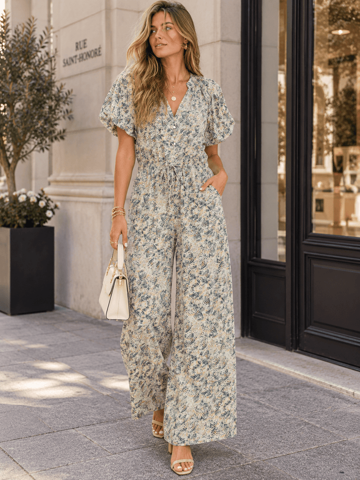 ENTRO WOMEN'S SHORT PUFF SLEEVE V-NECK BUTTON UP FRONT POCKETS WIDE LEG MULTI PRINT JUMPSUIT