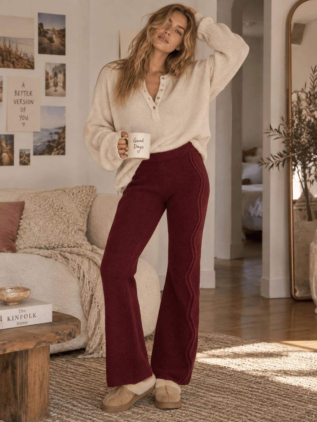WOMEN'S ELASTIC WAIST RIBBED WIDE LEG PANTS