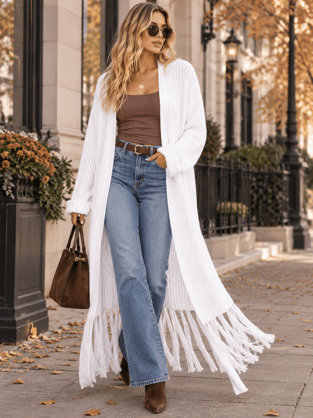 WOMEN'S LONG SLEEVE OPEN FRONT KNIT OVERSIZED FRINGE CARDIGAN