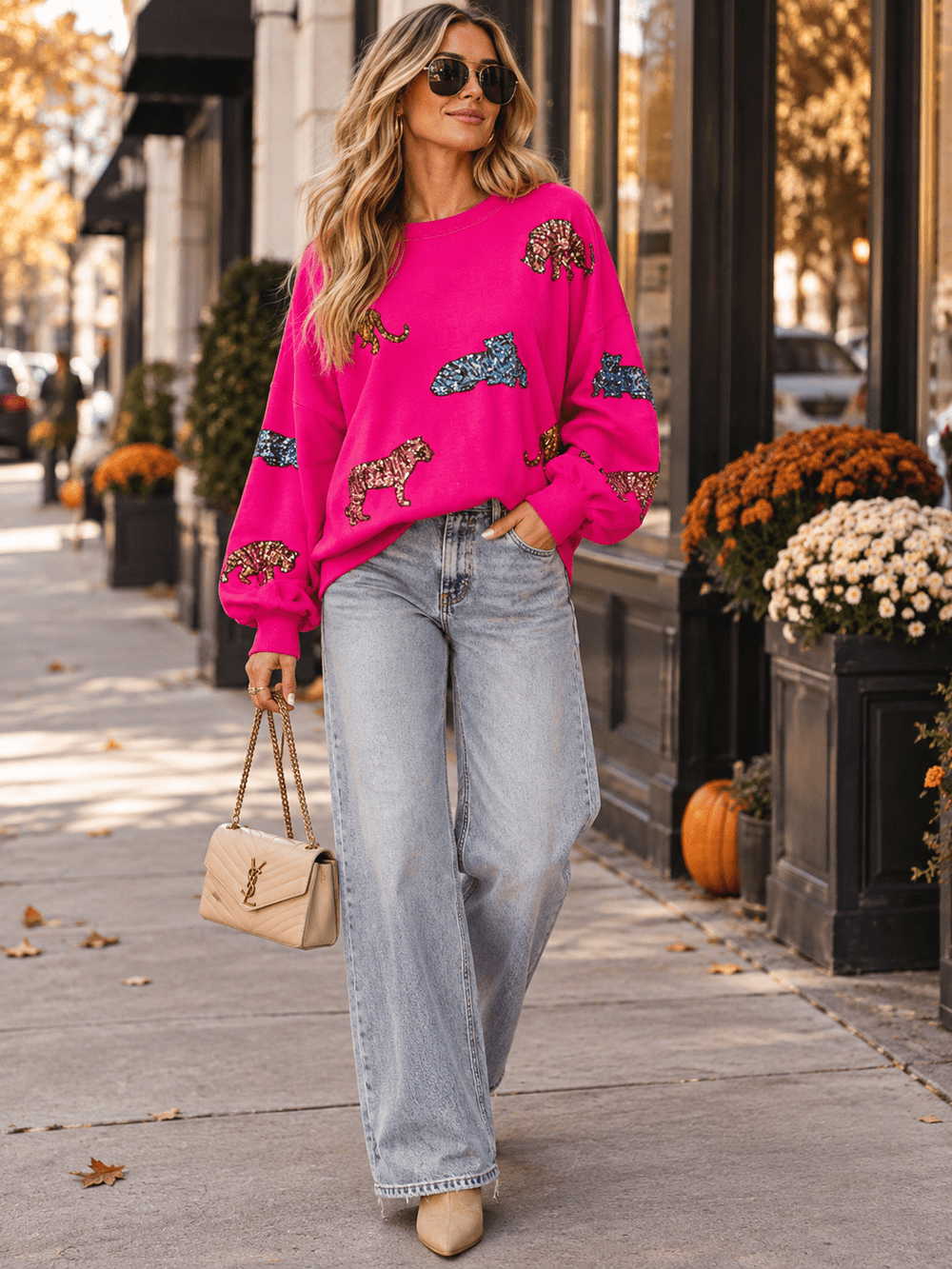WOMEN'S LONG BALLON SLEEVE SEQUINS GRAPHIC PULLOVER SWEATER