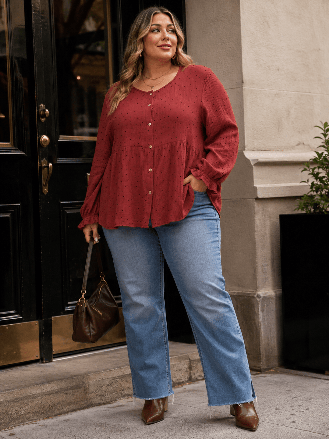 PLUS SIZE LONG SLEEVE BUTTON UP POLKA DOT PRINT LOOSE FIT TOP