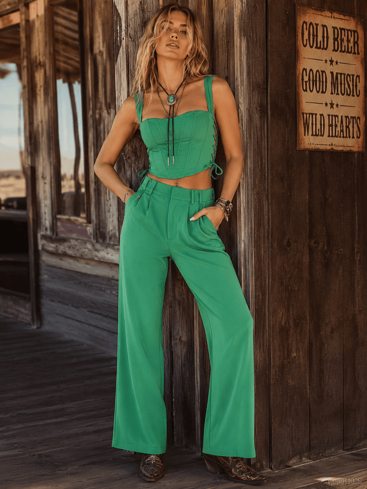 WOMEN'S SLEEVELESS LACE UP CROP TOP & BUTTON CLOSURE PANTS SOLID 2PC. SET