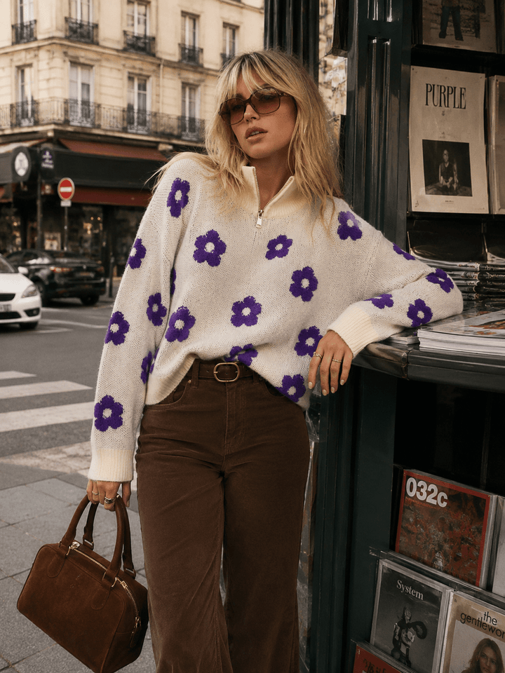 WOMEN'S LONG SLEEVE ZIP UP COLORBLOCK FLOWERS PULLOVER SWEATER