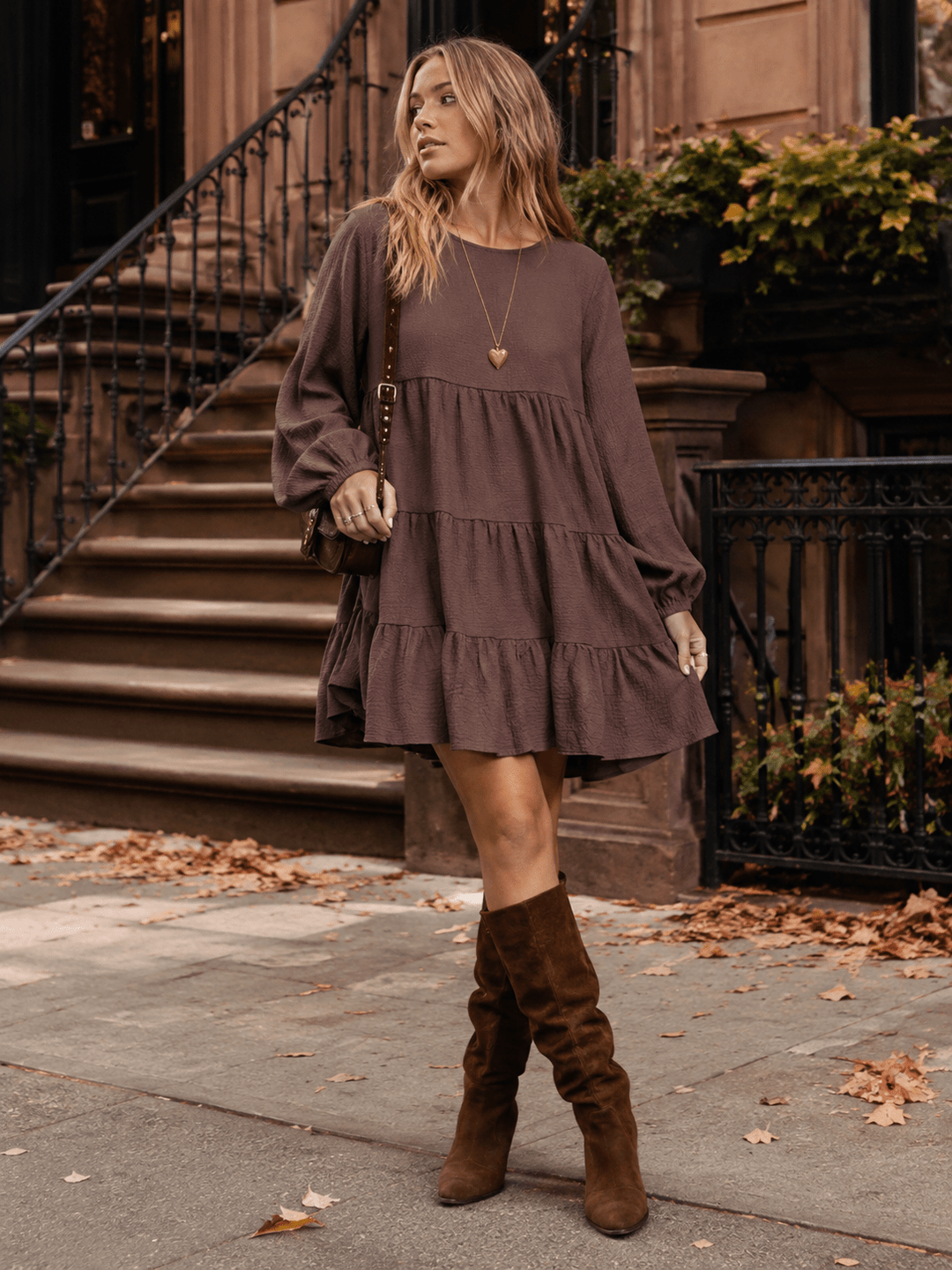 WOMEN'S LONG SLEEVE TIERED TUNIC MINI DRESS