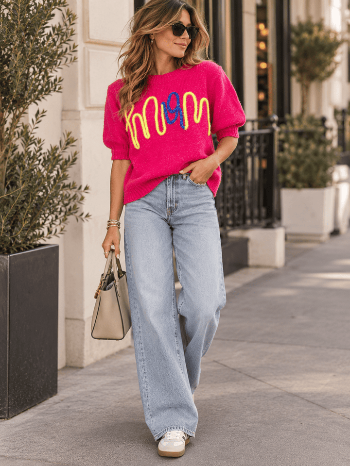 WOMEN'S SHORT SLEEVE MOM SWEATER TOP