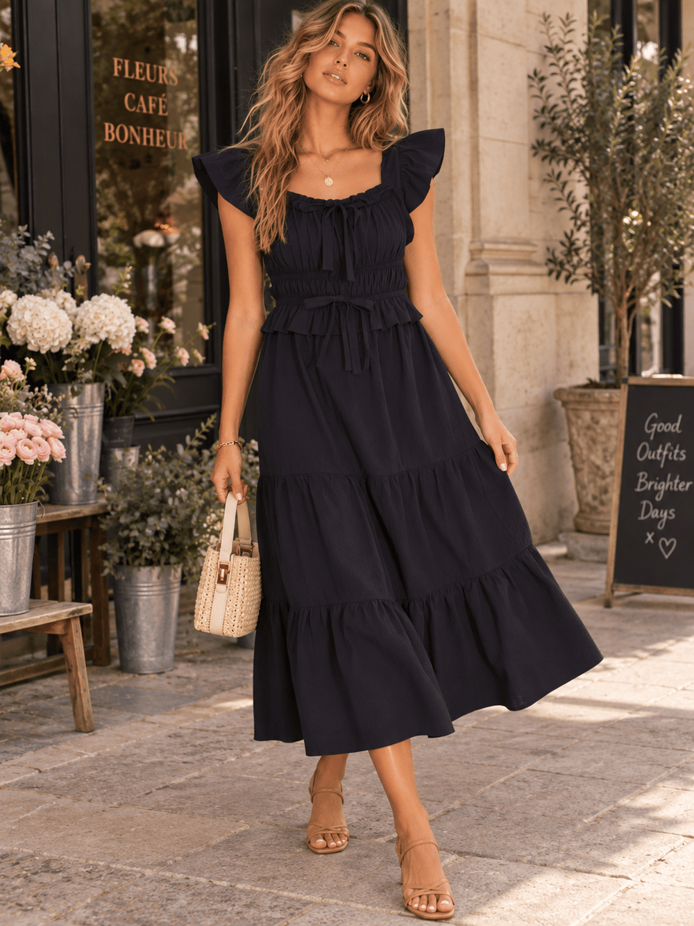 WOMEN'S RUFFLE SLEEVE ELASTIC WAIST TIERED MIDI DRESS